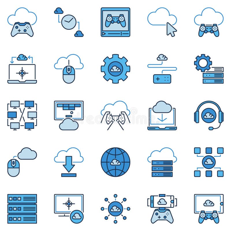 Cloud Gaming colored icons. Vector Playing games remotely signs vector illustration