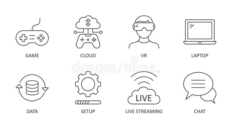 Cloud gaming vector icons. Editable stroke. Games cloud server laptop data download setup console live streaming chat vr. Line stock illustration
