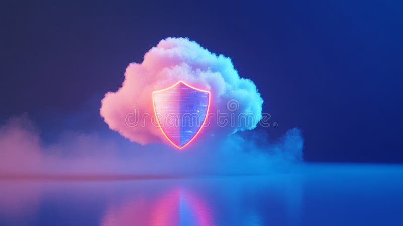 A cloud with a glowing shield on top of it vector illustration