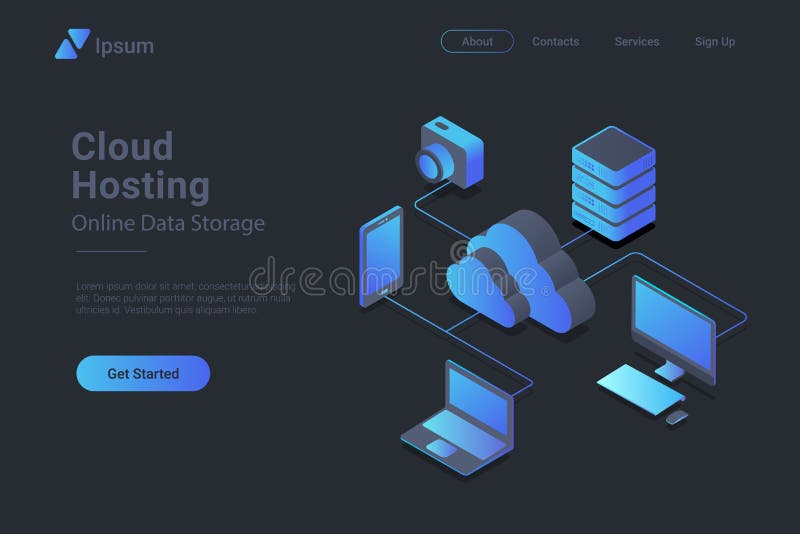 Cloud hosting Isometric Flat black monochrome vector concept royalty free illustration