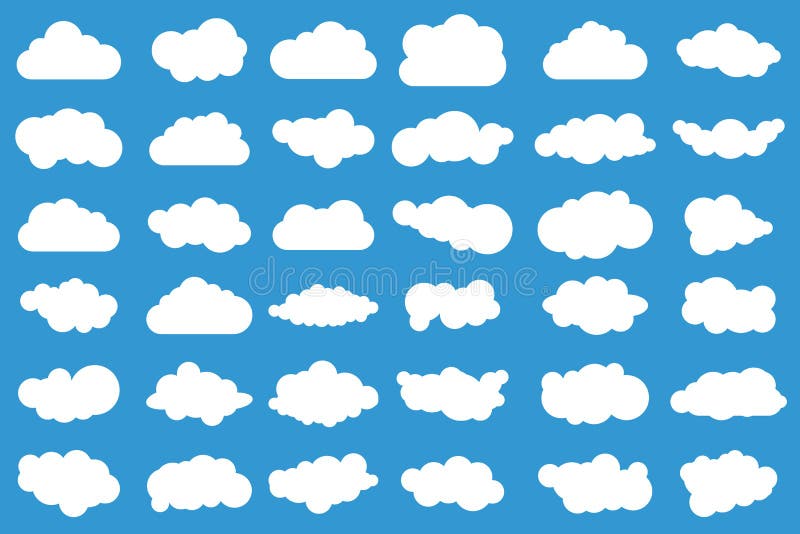 Cloud icons on blue background. 36 different clouds. Cloudscape. clouds. vector illustration