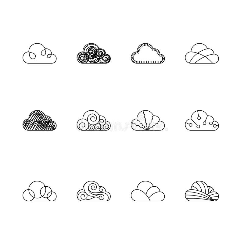 Cloud icons outline stroke set design illustration black and white color isolated on white background, vector vector illustration Cloud icons outline stroke set design illustration black and white color isolated on white background, vector vector illustration