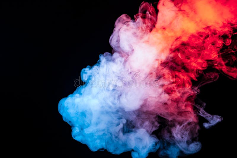 A cloud of isolated colored smoke exhaled from a vape: blue, red, orange, pink; on a dark background close up swirls in waves
