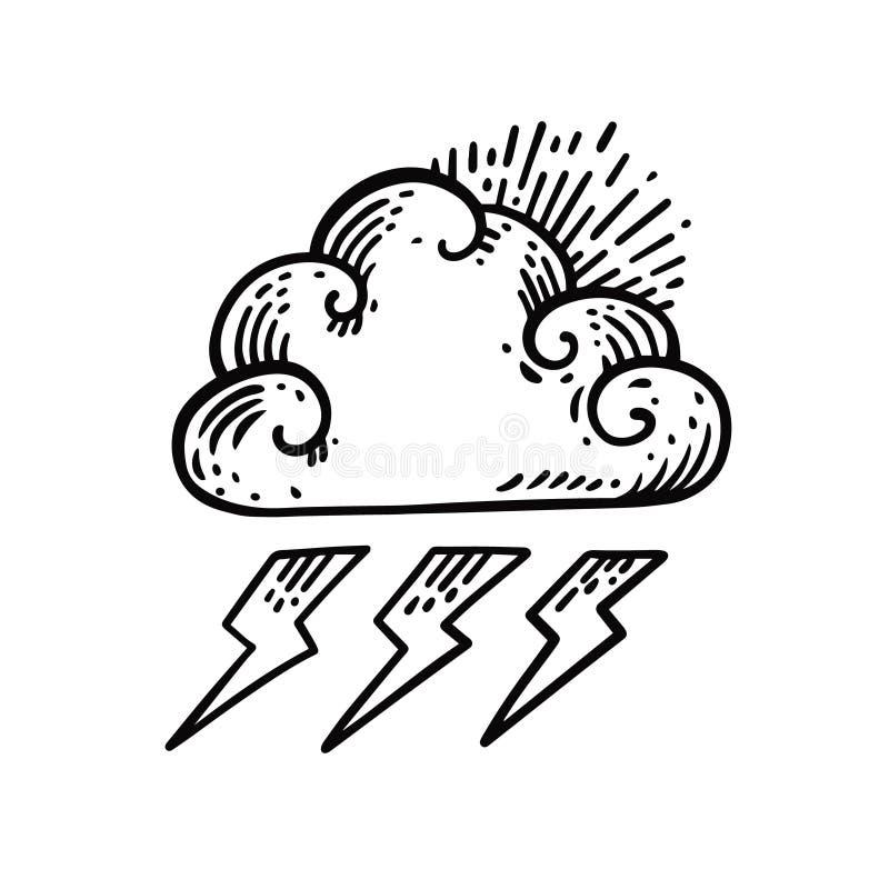 Cloud and Lightning Engraving Style Vector Illustration. Hand Drawn ...