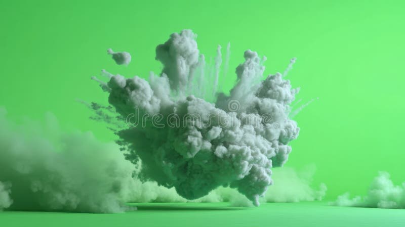 Cloud-like explosion against a bright green background during a creative art project exploring visual effects and stock photo