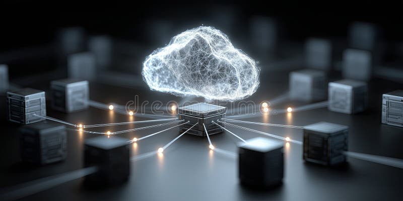 Edge computing cloud network connects multiple server cubes in dark room, glowing lines show data transfer royalty free illustration