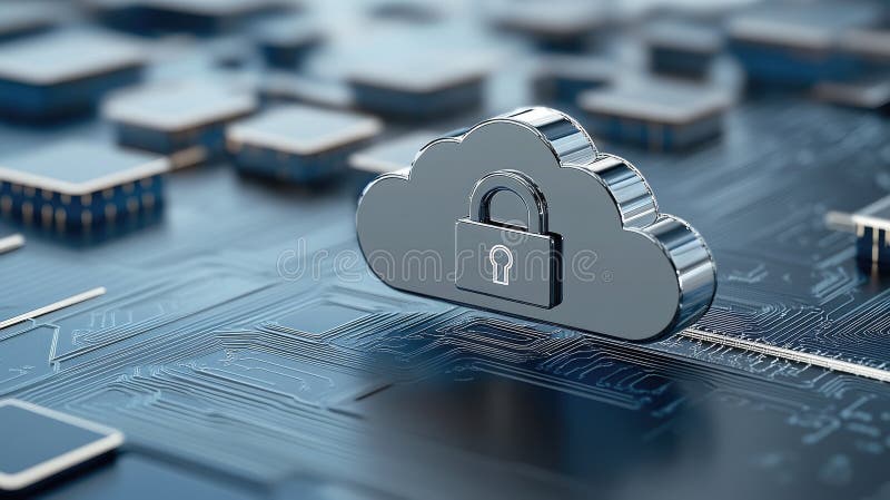 Cloud with a padlock represents digital security and data protection in online networks and advanced technology royalty free illustration