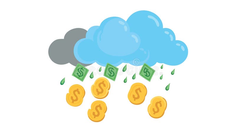 A creative vector illustration of a cloud raining both golden coins and raindrops, signifying a blend of fortune and nature's bounty. This flat design is perfect for themes of prosperity, unexpected gains, or a combination of elements. It offers a unique visual metaphor, suitable for economic concepts, environmental themes, or whimsical narratives, vector design Generative AI. Fortune raining vectors