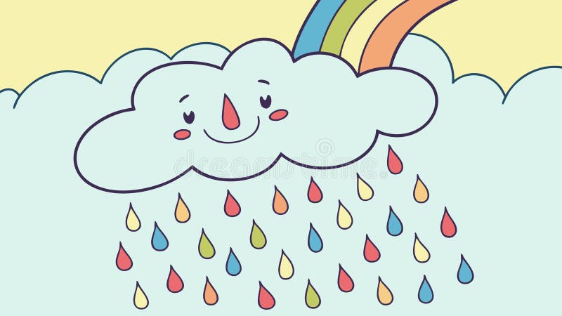 A delightful vector illustration of a smiling cloud raining colorful droplets, forming a rainbow effect. The image symbolizes happiness, hope, and positive outcomes after rain. Perfect for themes of joy, optimism, and good fortune. This artwork represents colorful blessings, vector design Generative AI. Fortune raining vectors