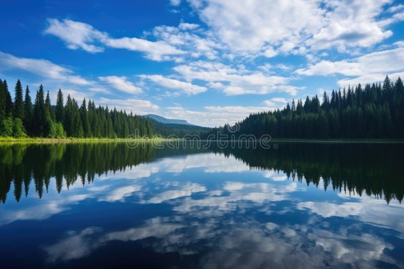 Cloud Reflections on a Serene Lake with a Fishing Line in the