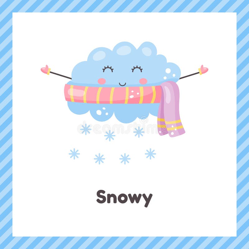 Cloud in scarf. Cute weather snowy for kids. Flash card for learning with children in preschool, kindergarten and school