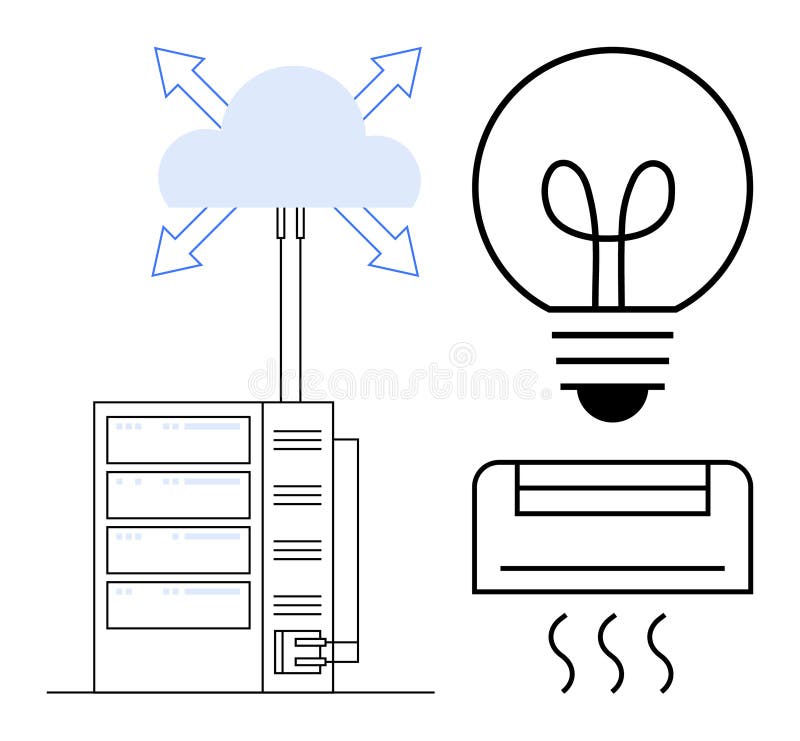 Cloud Server with Data Arrows, Light Bulb for Ideas, and Air Conditioner for Technology Integration royalty free illustration