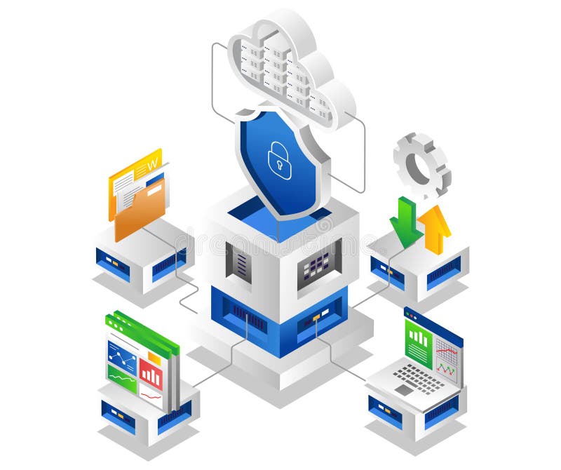 Cloud server data security technology vector illustration