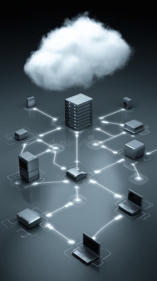 Edge computing cloud server electronic device connection network glowing line technology data royalty free illustration
