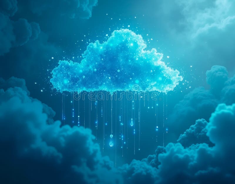 Cloud server node with floating data crystals suspended in a mist-filled void, symbolizing digital infrastructure. An abstract representation of cloud computing, featuring floating data crystals in a misty, ethereal void