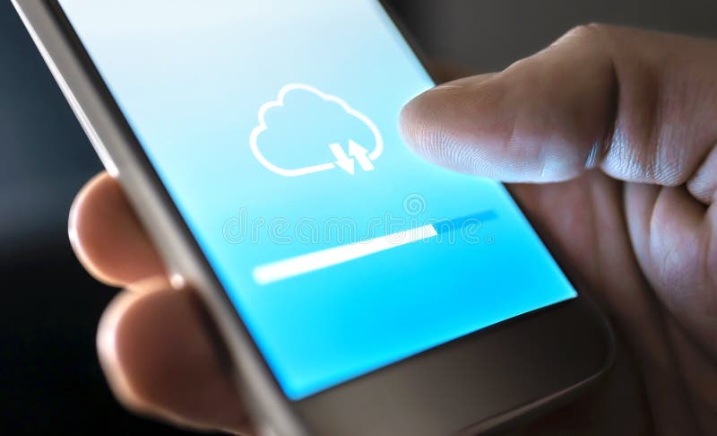 Cloud service for file storage and backup online. Data transfer in mobile phone app with modern wireless technology.