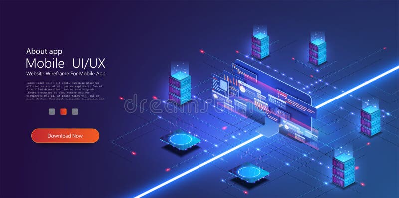 Cloud services isometric composition. Big data analysis storage business intelligence systems modern high tech isometric royalty free illustration
