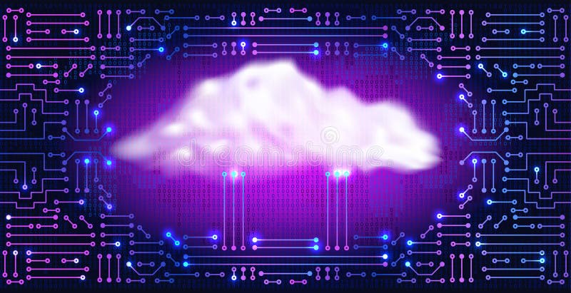 Cloud storage. Abstract ectronic circuit with digital neon cloud and binary code royalty free illustration