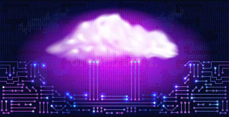 Cloud storage. Abstract ectronic circuit with digital neon cloud and binary code royalty free illustration