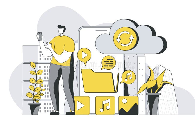 Cloud storage concept with outline people scene. stock illustration