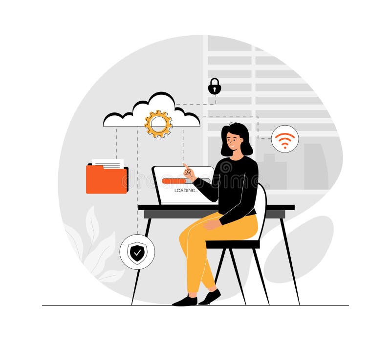 Cloud storage for digital files. Web hosting. Online database, technology, security, computer, web data center, server. stock illustration