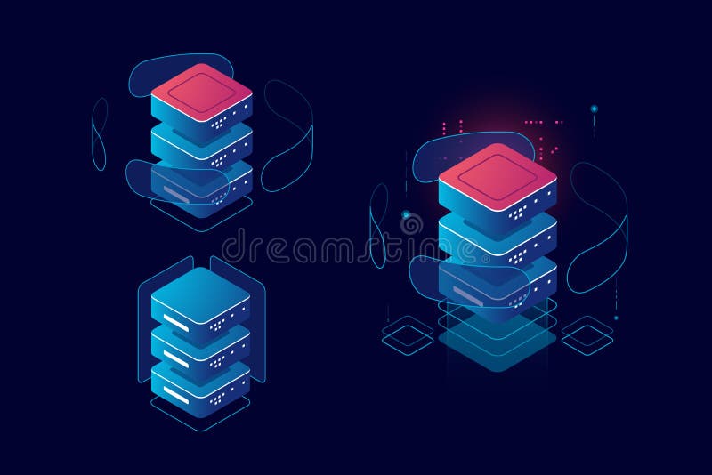 Cloud storage isometric, data security, information protection shield, server room, database storage vector illustration