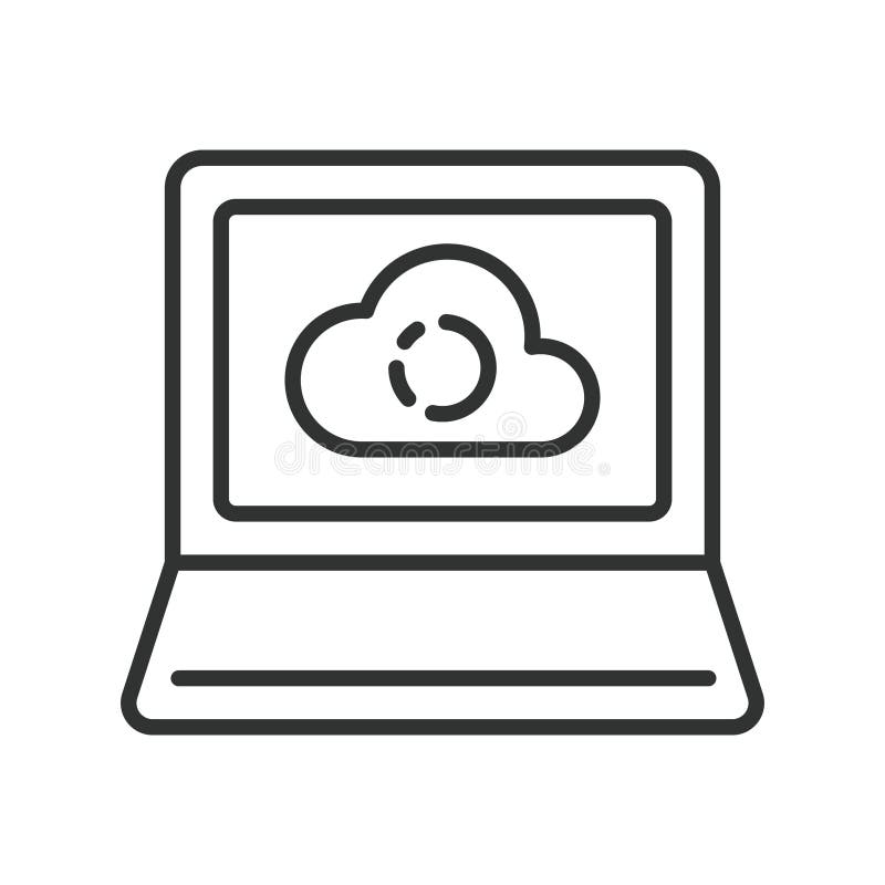 Cloud storage on laptop, icon in line design. Cloud, storage, laptop, online, backup, data, sync on white background stock illustration