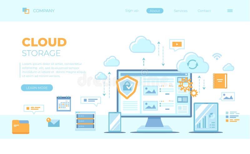 Cloud Storage. Online cloud computing, network hosting, services. Computer, phone, tablet, server, personal information, clouds. stock illustration