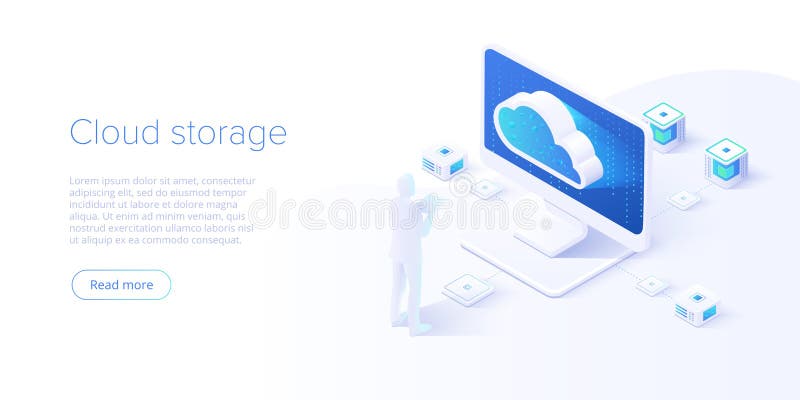Cloud storage and pc download in isometric vector design. Computer service or app with data transfering. Online computing royalty free illustration