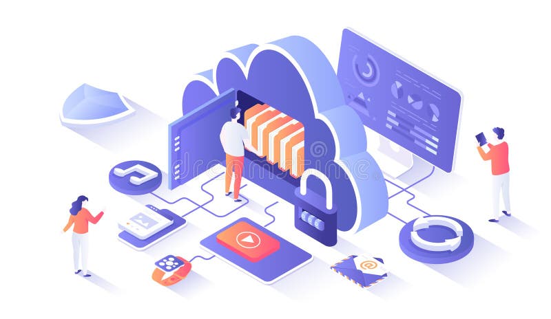 Cloud Storage Service. Internet hosting provider, Data backup, Cloud computing. Big cloud as a safe for files, protected and secure. Isometry illustration with people scene for web graphic.