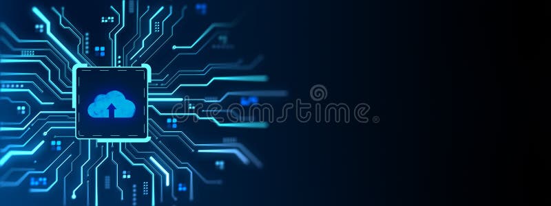Cloud storage upload icon on digital circuit board with glowing neon blue lines on dark background representing modern internet stock illustration