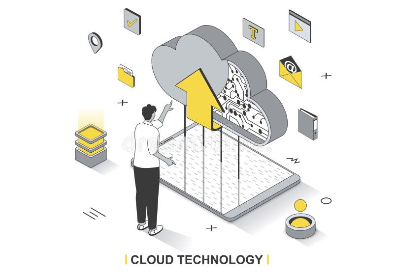 Cloud technology concept in 3d isometric outline design. vector illustration