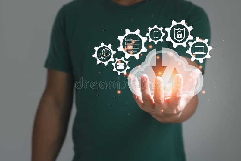 Cloud technology concept. Hand man showing a virtual screen with a cloud computing diagram. Data storage, Networking and internet service concept