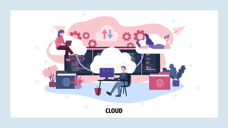 Cloud technology and data computing. Cloud storage service. Distributed business and developer team. Vector web site royalty free illustration