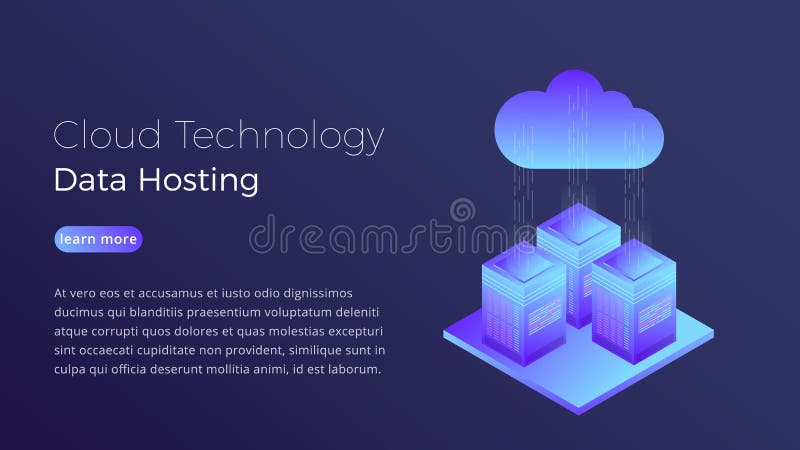 Cloud technology. Data hosting cloud server isometric concept. Modern cloud hosting hero image design royalty free illustration