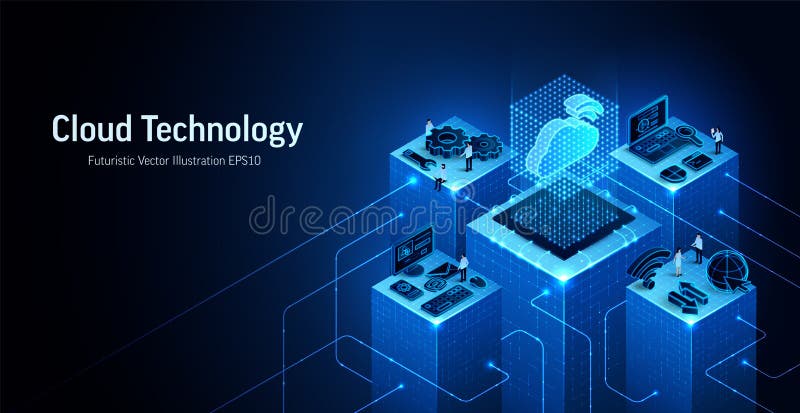 Cloud technology data network 3D vector illustration. Isometric server platform, secure storage digital concept. Cyber database vector illustration