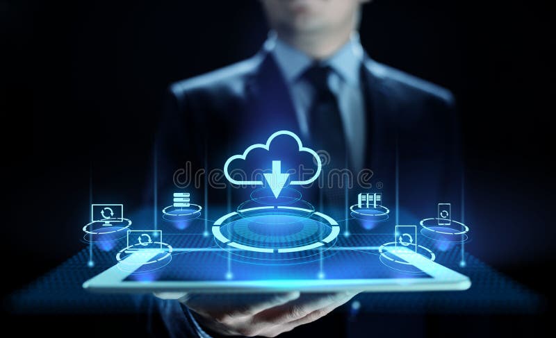 Cloud technology data storage processing computing Internet concept. Businessman pressing button on screen. royalty free stock image