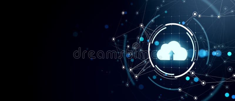 Cloud upload icon with futuristic digital network connections on dark blue background. 3D Rendering stock illustration