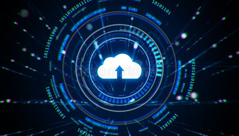 Cloud upload icon surrounded by neon binary code and glowing digital elements on a dark background. 3D Rendering royalty free illustration