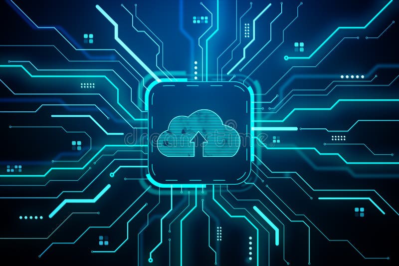 Cloud upload icon surrounded by neon blue circuit lines on a digital background representing data storage and technology royalty free illustration