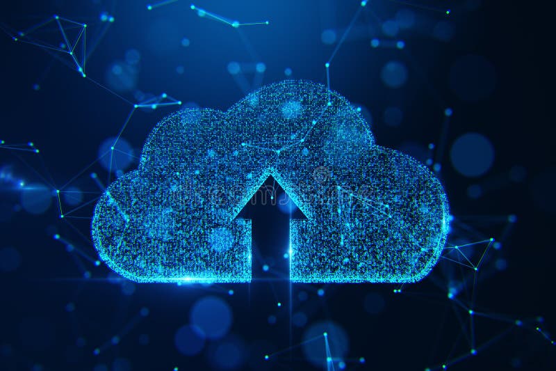 Cloud upload symbol with glowing dots and arrow on dark blue background. Abstract concept of virtual network, data storage and vector illustration
