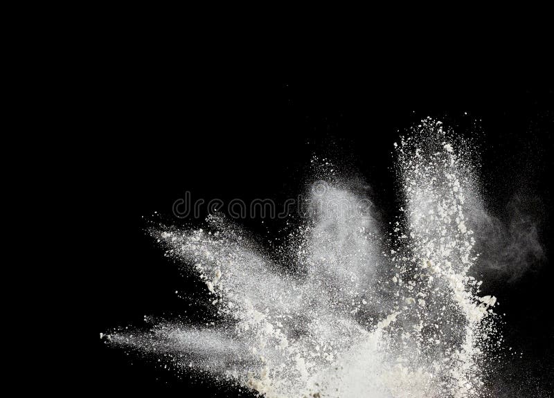 Cloud of white wheat flour on a black background, particles fly in different directions