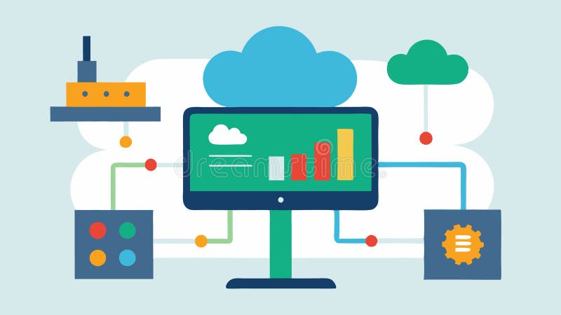 CloudBased Manufacturing Dashboard En grafisk återgivning av ett molnbaserat gränssnitt där operatörerna övervakar produktionen stock illustrationer