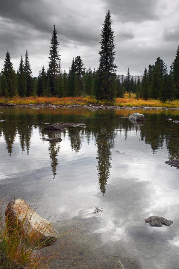 Clouds and firs reflections.