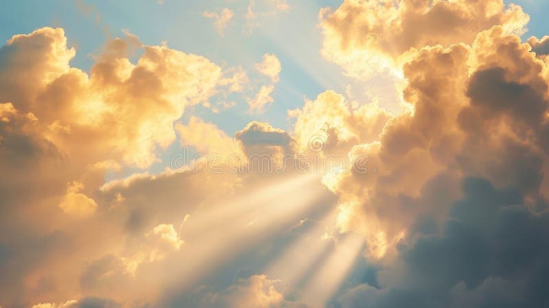 Clouds hang low in the sky with beams of golden crepuscular rays shining through the breaks creating a heavenly and royalty free stock image