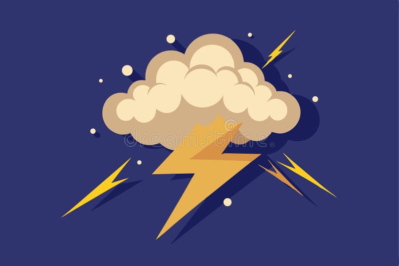 Clouds with lightnings vector image. Dynamic cartoon thunderstorm cloud and lightning bolts. Weather sign stock illustration