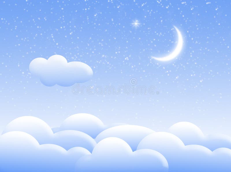 Illustrazione su cielo con le nuvole e la luna.