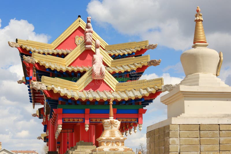 Clouds over the Buddhist temple. Golden Abode of Buddha Shakyamuni in Elista, Republic of Kalmykia, Russia