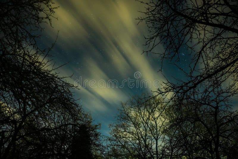 Clouds passing in the moon light by over a forest and on a night sky full of stars stock images