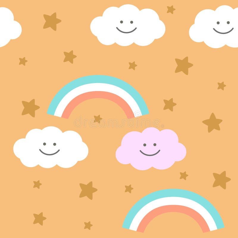 Clouds, rainbow and stars on orange background. Nursery seamless pattern. stock illustration
